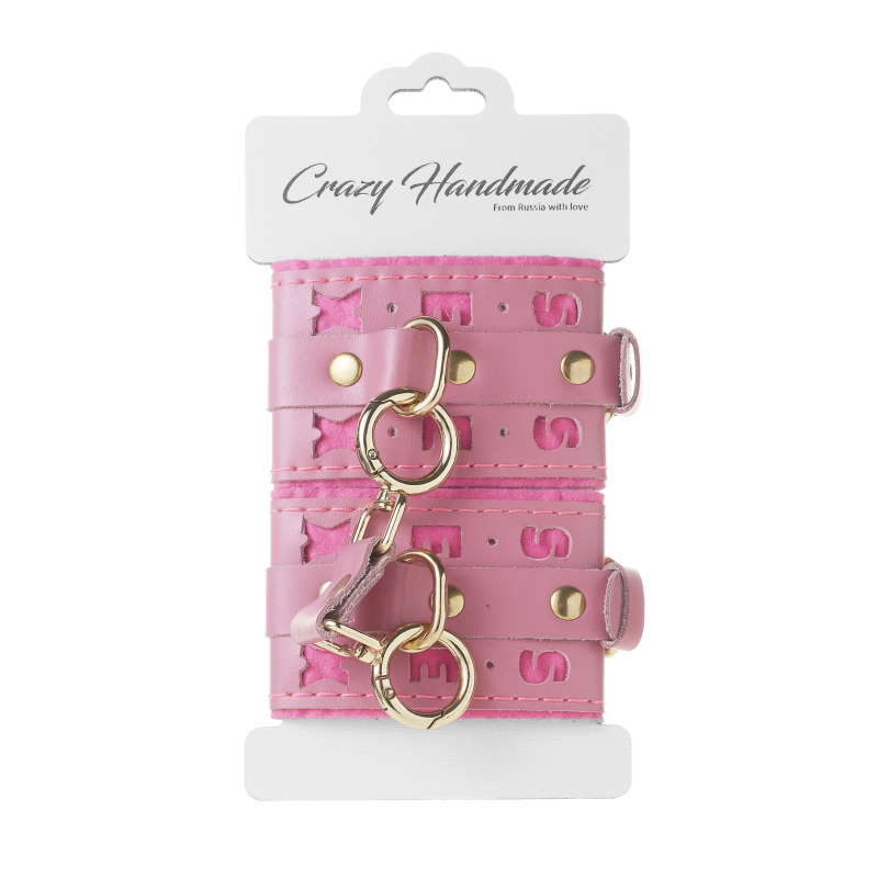 Наручники с надписью SEX "Crazy Handmade" розовые, кожа 