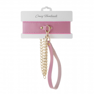 Ошейник с внутренней отделкой + поводок "Crazy Handmade" розовый, кожа